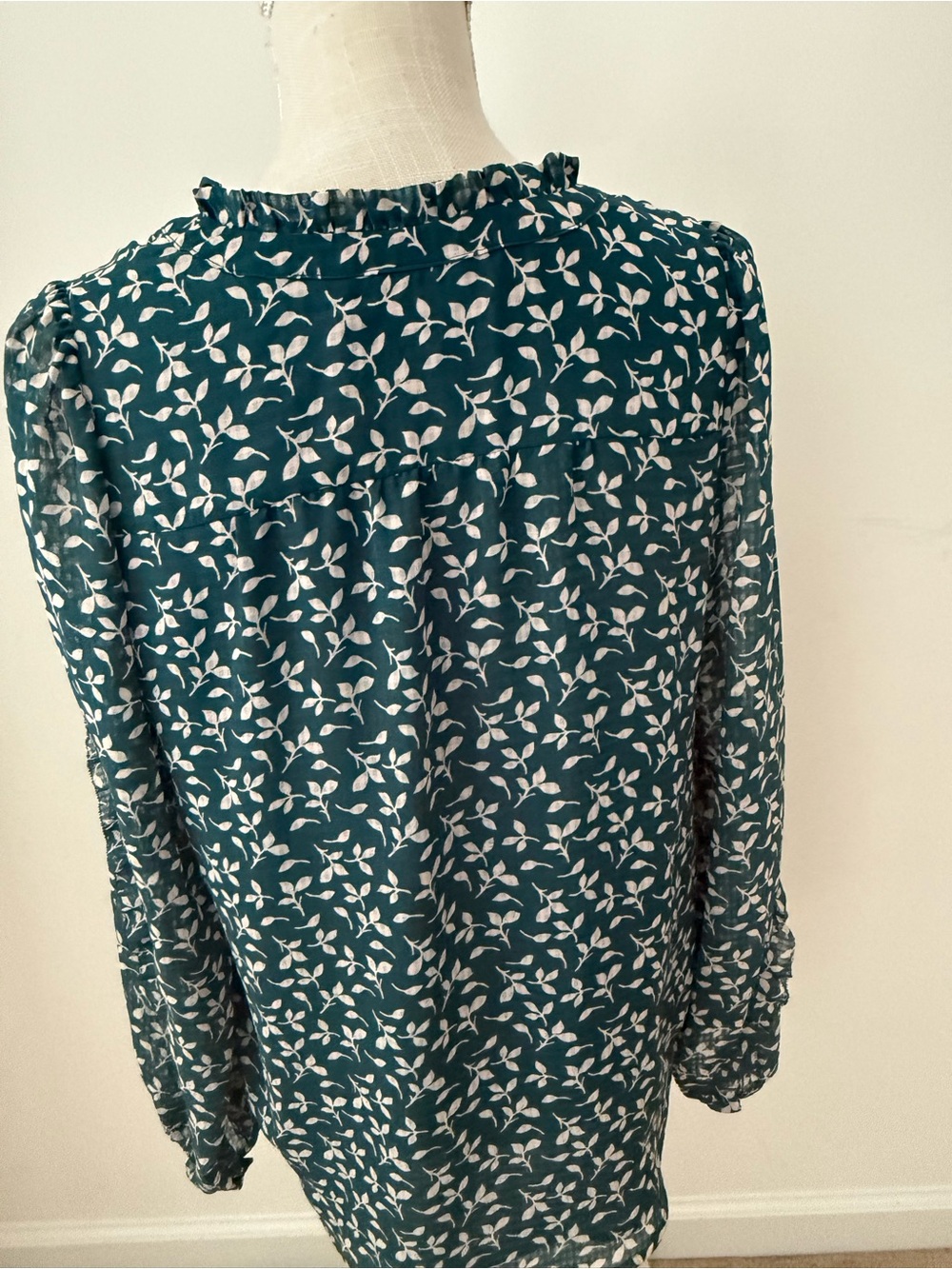 LOFT Teal Leaf-Print Button Henley Blouse - Picture 6 of 6